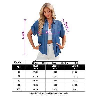 Womens Faux Denim Button Down Casual Shirts Short Sleeve Blouses Solid Summer Tops with Pocket