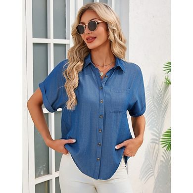 Womens Faux Denim Button Down Casual Shirts Short Sleeve Blouses Solid Summer Tops with Pocket