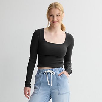 Juniors' SO® Long Sleeve Cropped Square Neck Tee