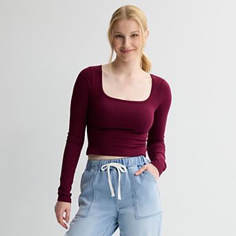 Juniors' SO® Long Sleeve Cropped Square Neck Tee