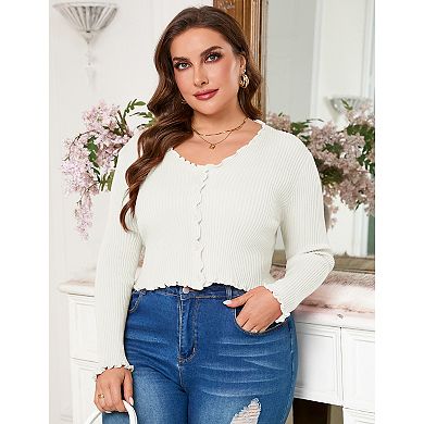 Shrug for Plus Size Women Button Down Long Sleeve Knit Cropped Cardigan