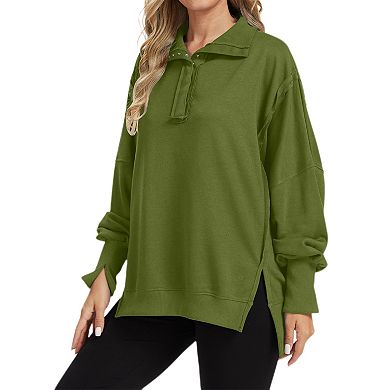 Women Oversized Sweatshirt Casual Long Sleeve Side Slit Top