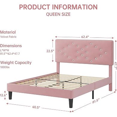 Bed Frame, Upholstered Platform Bed with Button Tufted Headboard & Under-Bed Storage Space