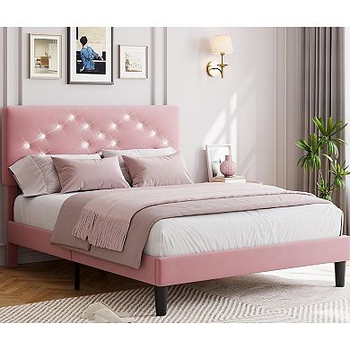 Bed Frame, Upholstered Platform Bed with Button Tufted Headboard & Under-Bed Storage Space