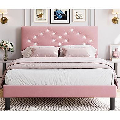 Bed Frame, Upholstered Platform Bed with Button Tufted Headboard & Under-Bed Storage Space