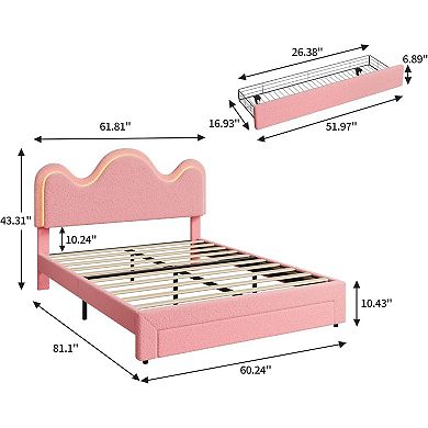 Upholstered Platform Bed, Upholstered Bed Frame with LED Lights & Petal Flower Headboard