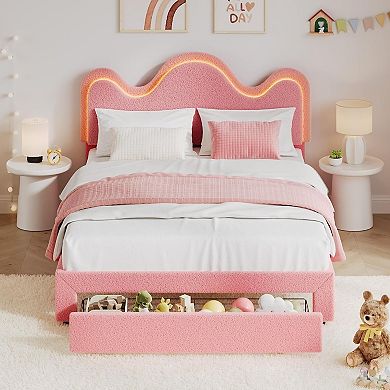 Upholstered Platform Bed, Upholstered Bed Frame with LED Lights & Petal Flower Headboard
