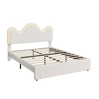 Upholstered Platform Bed, Upholstered Bed Frame with LED Lights & Petal Flower Headboard