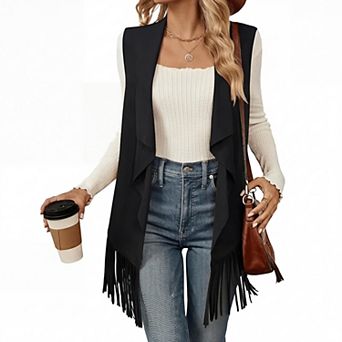 Women Fringe Vest Faux Suede Sleeveless Tassels Cardigan