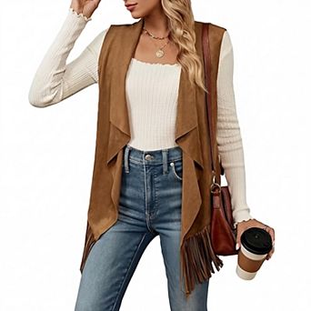 Women Fringe Vest Faux Suede Sleeveless Tassels Cardigan