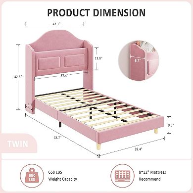 Upholstered Velvet Platform Bed Frame with Wingback Headboard, Bookcase Storage Headboard