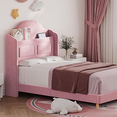 Upholstered Velvet Platform Bed Frame with Wingback Headboard, Bookcase Storage Headboard