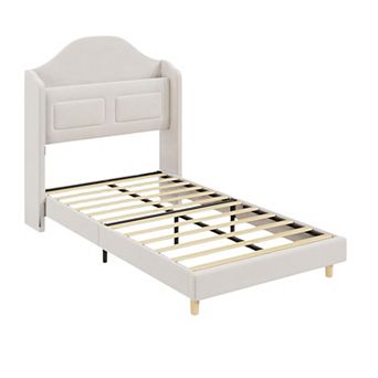 Upholstered Velvet Platform Bed Frame with Wingback Headboard, Bookcase Storage Headboard