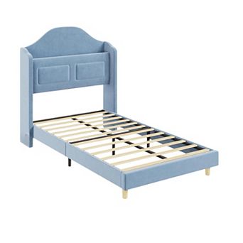 Upholstered Velvet Platform Bed Frame with Wingback Headboard, Bookcase Storage Headboard