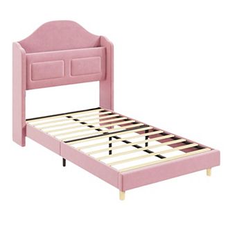 Upholstered Velvet Platform Bed Frame with Wingback Headboard, Bookcase Storage Headboard