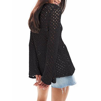 Women Bell Sleeve Hollow Out Knit Cardigan Button Down Vacation Cover Up