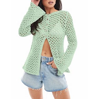 Women Bell Sleeve Hollow Out Knit Cardigan Button Down Vacation Cover Up