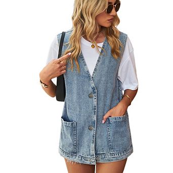 Women Denim Vest Sleeveless Button Down Jacket with Pockets