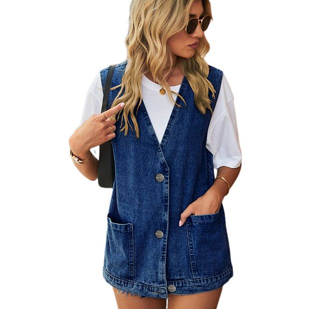 ジャケット・アウター oll Kyoto TARO DENIM VEST Women Denim Vest Sleeveless Button Down Jacket with Pockets