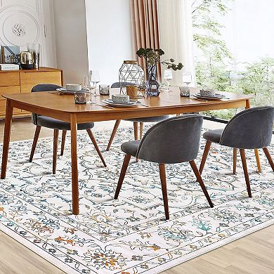 ANIXOL Ultra Thin Washable Area Rug-Vintage Floral Low-Pile Carpet-Non-Slip