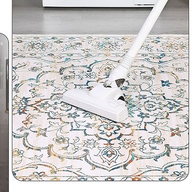 ANIXOL Ultra Thin Washable Area Rug-Vintage Floral Low-Pile Carpet-Non-Slip