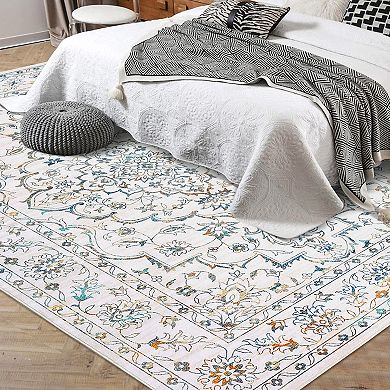 ANIXOL Ultra Thin Washable Area Rug-Vintage Floral Low-Pile Carpet-Non-Slip