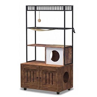 ANIXOL Multi-Level Retro Wood Metal Cat Litter Box Enclosure Tower