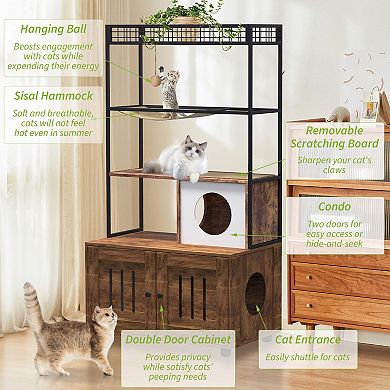 ANIXOL Multi-Level Retro Wood Metal Cat Litter Box Enclosure Tower