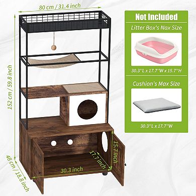 ANIXOL Multi-Level Retro Wood Metal Cat Litter Box Enclosure Tower