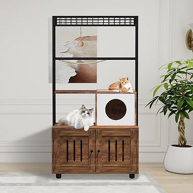 ANIXOL Multi-Level Retro Wood Metal Cat Litter Box Enclosure Tower