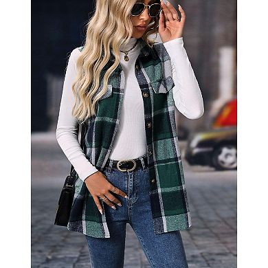 Women Plaid Vest Button Down Sleeveless Shacket Shirt Jacket