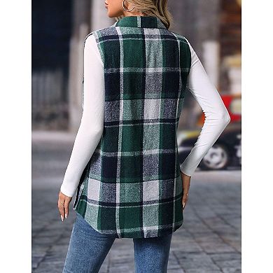 Women Plaid Vest Button Down Sleeveless Shacket Shirt Jacket