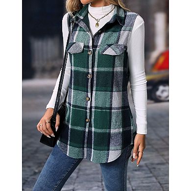 Women Plaid Vest Button Down Sleeveless Shacket Shirt Jacket