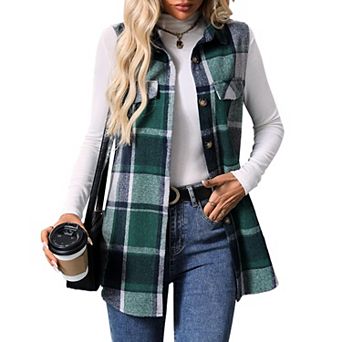 Women Plaid Vest Button Down Sleeveless Shacket Shirt Jacket