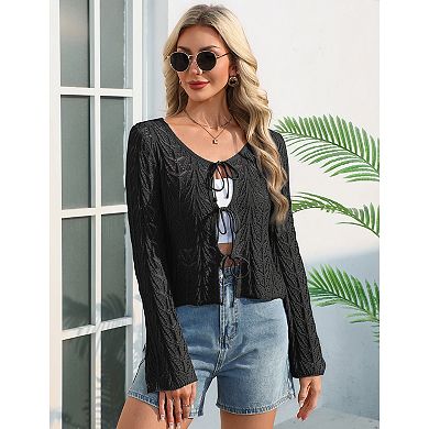 Women Tie Front Cardigan Hollow Out Knit Crop Top