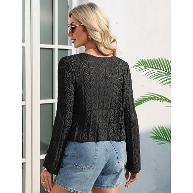 Women Tie Front Cardigan Hollow Out Knit Crop Top
