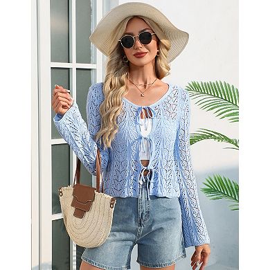 Women Tie Front Cardigan Hollow Out Knit Crop Top