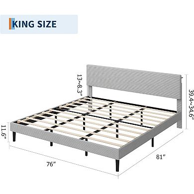 Bed Frame, Platform Bed with Adjustable Corduroy Upholstered Storage Headboard and Charging Station