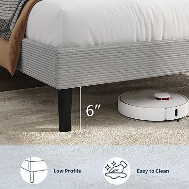 Bed Frame, Platform Bed with Adjustable Corduroy Upholstered Storage Headboard and Charging Station