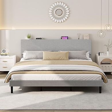 Bed Frame, Platform Bed with Adjustable Corduroy Upholstered Storage Headboard and Charging Station