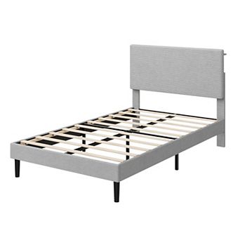 Bed Frame, Platform Bed with Adjustable Corduroy Upholstered Storage Headboard and Charging Station