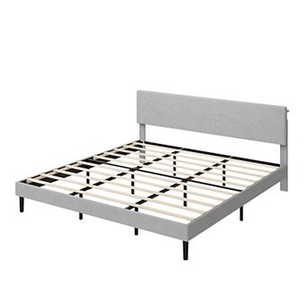 Bed Frame, Platform Bed with Adjustable Corduroy Upholstered Storage Headboard and Charging Station