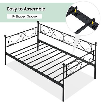 ANIXOL Space-Saving Twin Metal Daybed Frame with Trundle Heavy Duty Steel Slats, Headboard
