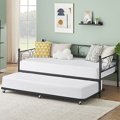 ANIXOL Space-Saving Twin Metal Daybed Frame with Trundle Heavy Duty Steel Slats, Headboard