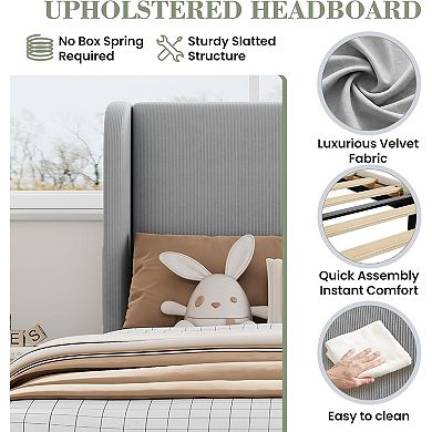 Soft Upholstered Platform Bed Frame with Vertical Channel Tufted Wingback Headboard