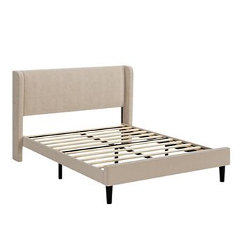 Soft Upholstered Platform Bed Frame with Vertical Channel Tufted Wingback Headboard