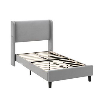 Soft Upholstered Platform Bed Frame with Vertical Channel Tufted Wingback Headboard