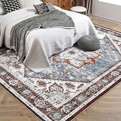 ANIXOL Vintage Floral Washable Area Rug, Soft Low-Pile Non-Slip Boho Carpet