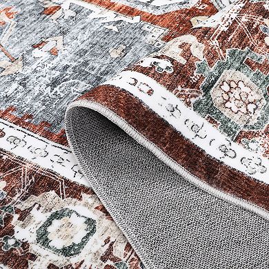 ANIXOL Vintage Floral Washable Area Rug, Soft Low-Pile Non-Slip Boho Carpet