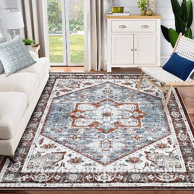 ANIXOL Vintage Floral Washable Area Rug, Soft Low-Pile Non-Slip Boho Carpet